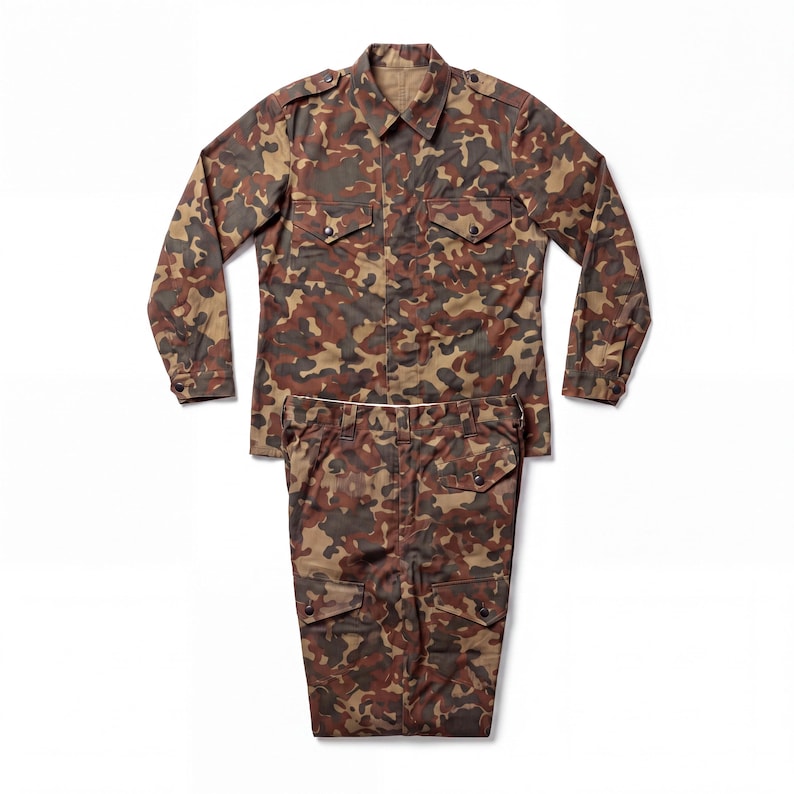 May include: A long-sleeve button-up shirt and matching trousers set featuring a brown, tan, and dark green camouflage pattern. The shirt includes a pointed collar, shoulder epaulets, and two chest pockets with buttoned flaps. The trousers feature side cargo pockets with buttoned flaps and a standard waistband with belt loops.