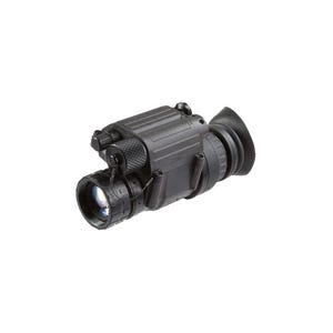 May include: A black night vision device, featuring a lens and eyepiece. The device has adjustment knobs and a rubber eye cup. Designed for low-light or no-light viewing conditions.