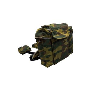 May include: A camouflage print backpack featuring a large main compartment with a fold-over flap, side pockets, and black adjustable straps. The bag is constructed from a durable fabric with a green, brown, and black woodland pattern.