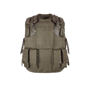May include: An olive green tactical vest featuring a large central panel, two upper shoulder pockets with buckle straps, and four lower rectangular cargo pockets. The garment includes adjustable side straps and a structured, sleeveless design.