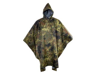 Vintage Flecktarn Camo Rain Poncho, Military Bushcraft Rip-Stop