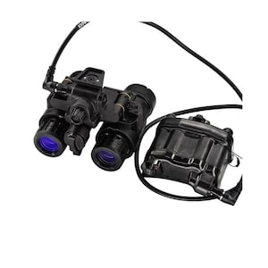 May include: Black night vision goggles with blue lenses and a connected battery pack. The goggles have multiple adjustable components and are connected by a black cable. The battery pack is rectangular and also black.