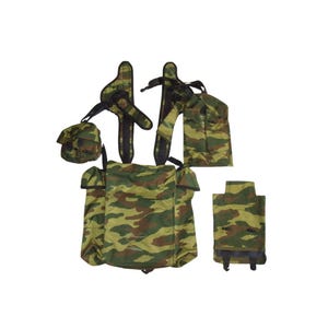 May include: A collection of camouflage-patterned gear, including a large bag, smaller pouches, and straps. The items feature a green, brown, and tan color scheme, typical of military-style camouflage. The arrangement suggests a set of tactical or outdoor equipment.