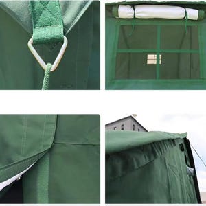 May include: Close-up shots of a green tent, showcasing details like a window with a white roll-up shade, a metal ring with a green rope, and seams. The tent's fabric is a solid, dark green color.