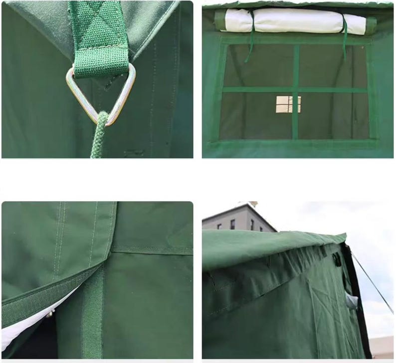 May include: Close-up shots of a green tent, showcasing details like a window with a white roll-up shade, a metal ring with a green rope, and seams. The tent's fabric is a solid, dark green color.