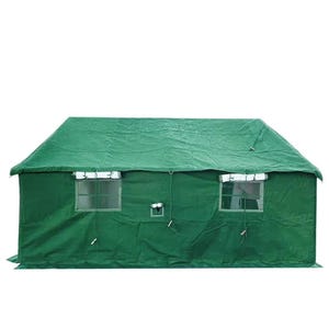 May include: A large, green tent with a pitched roof and two rectangular windows. The tent is made of a durable material and has a simple, functional design. It is suitable for camping or outdoor activities.