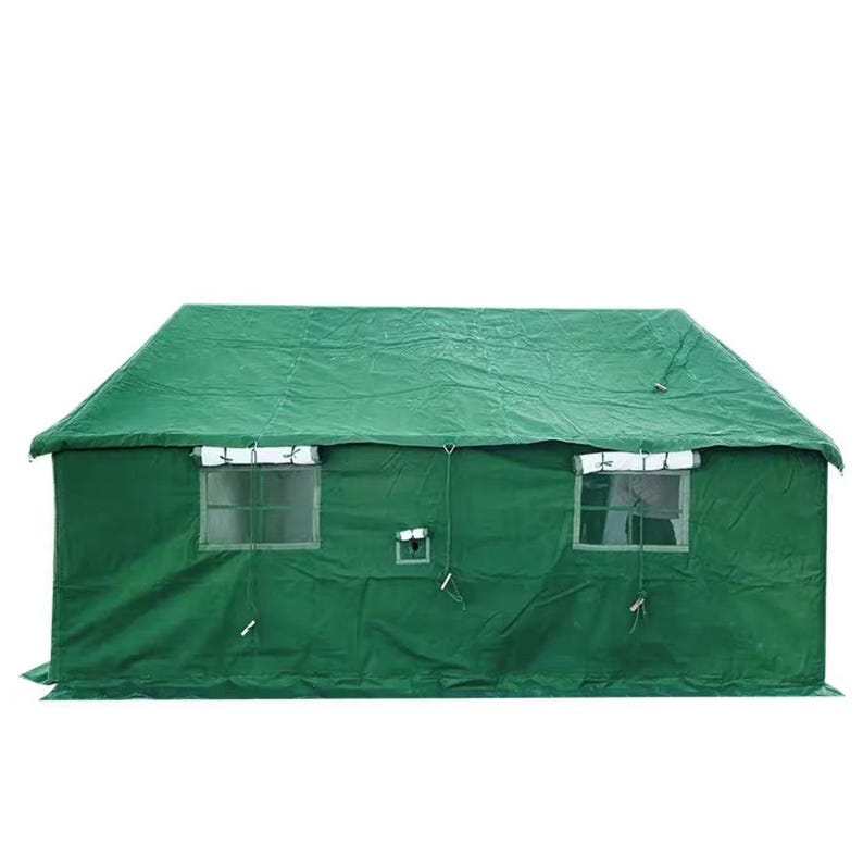 May include: A large, green tent with a pitched roof and two rectangular windows. The tent is made of a durable material and has a simple, functional design. It is suitable for camping or outdoor activities.