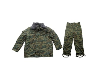 Vintage Flora 98 Camouflage Winter Insulated suit, Post-Soviet Combat Military Style Bushcraft Field Jacket & Pants Surplus for Cold Weather