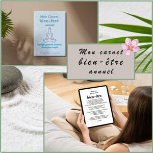 Könnte beinhalten: Eine Collage mit einem Buch und einem Tablet mit den Worten "Mon Carnet bien-être annuel". Das Buch hat einen hellblauen Einband mit einer Yoga-Pose-Illustration. Das Tablet zeigt Text auf Französisch an. Die Szene umfasst einen Stein, Sand und Grün.