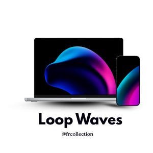 May include: A silver laptop and smartphone display a vibrant, abstract design with blue, purple, and pink hues. The text "Loop Waves" and the username "@frcollection" are displayed below the devices.