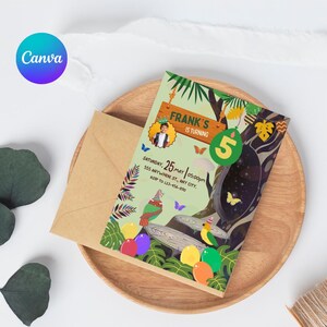 Modèle d'anniversaire jungle pour petit garçon. Modèle vert imprimable. Modèle modifiable. Invitation pour garçon de 5 ans. Modèle d'icônes colorées.