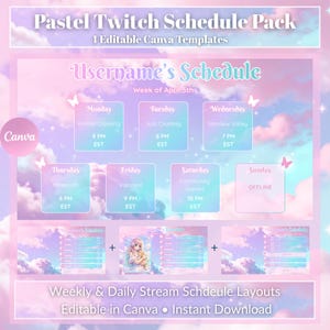 以下が含まれることがあります： パステルカラーのTwitchスケジュールテンプレートパック。夢のような美しさのデザインで、ゲームタイトルと時間を含む週ごとのスケジュールレイアウトと追加のテンプレートが含まれています。「Pastel Twitch Schedule Pack」と「Editable in Canva」の文字があります。