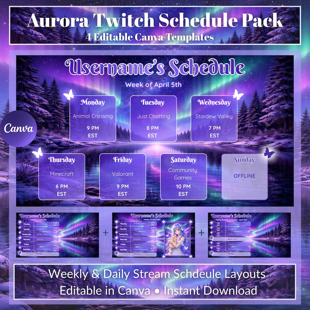 Aurora Elysian – Twitch Schedule Pack | Editable Canva Stream Schedule ...