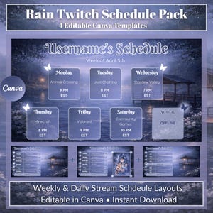 Rain Reverie – Pack horaire Twitch | Modèles modifiables de programmation de diffusion Canva | Dispositions hebdomadaires et quotidiennes