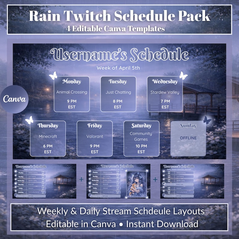Rain Reverie – Twitch Schedule Pack | Editable Canva Stream Schedule ...
