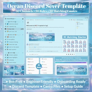 May include: A digital Discord server template titled Ocean Discord Server Template featuring 30 channels, 30 roles, and 30 matching emotes. The interface displays a light blue ocean-themed aesthetic with banners, wallpapers, and editable Canva files.