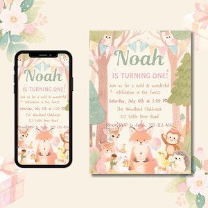 Woodland Animals Birthday Invitation -Editable Forest Party Template • Cute Fox & Friends • 1st Birthday Instant Download
