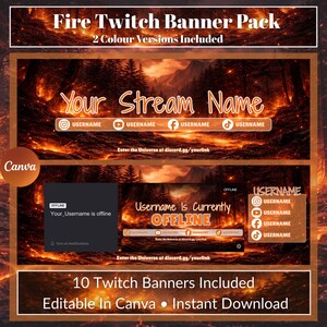 May include: A digital product pack for Twitch streamers. The design features a fiery background with the text "Fire Twitch Banner Pack" and "Your Stream Name." Includes 10 banners, editable in Canva, and available for instant download.