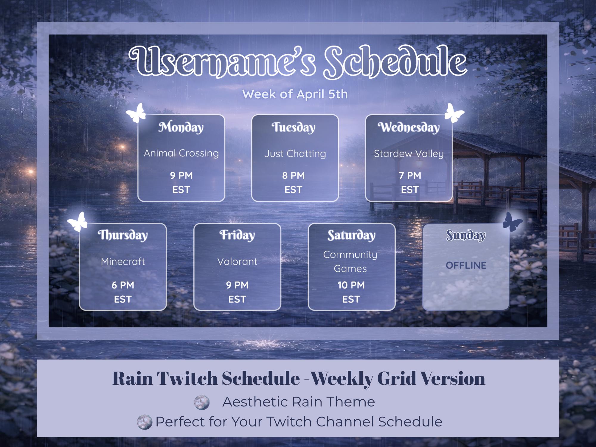Rain Reverie – Twitch Schedule Pack | Editable Canva Stream Schedule ...