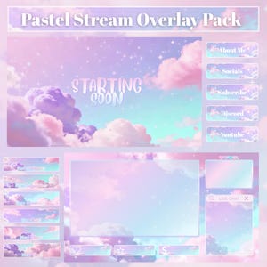 Könnte beinhalten: Ein pastellfarbenes Stream-Overlay-Paket mit einem verträumten Himmelshintergrund. Das Design umfasst Elemente wie Schaltflächen für "About Me", "Socials" und "Subscribe" sowie einen "Starting Soon"-Bildschirm. Die Farbpalette verwendet weiche Rosa-, Blau- und Lilatöne.