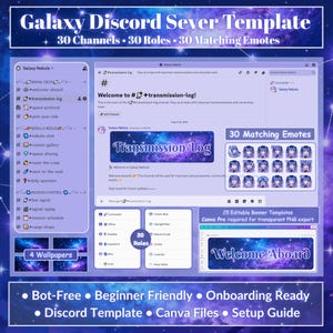 May include: A digital Discord server template featuring a galaxy theme with purple and blue nebula backgrounds. It includes 30 channels, 30 roles, 30 matching emotes, 4 wallpapers, and 25 editable banner templates for Canva. Text includes Galaxy Discord Server Template, 30 Channels, 30 Roles, 30 Matching Emotes, and Bot-Free, Beginner Friendly, Onboarding Ready, Discord Template, Canva Files, Setup Guide.
