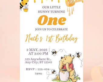 Winnie The Pooh Birthday Invitation | Our Little Hunny Is Turning One | Editable Canva Template | Customizable Invite | Instant Download