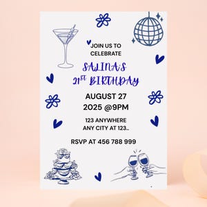 Hand-Drawn Birthday Invitation Template, Editable Canva Doodle Card, Blue Party Design, Instant Download