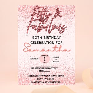 50th Birthday Invitation Printable Rose Gold Fifty and Fabulous Dinner Party Invite for Ladies Editable Digital Download