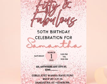 50th Birthday Invitation Printable Rose Gold Fifty and Fabulous Dinner Party Invite for Ladies Editable Digital Download