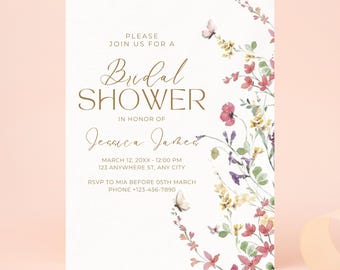 Floral bridal shower invitation | Editable shower invitation template | Wildflower bridal shower invitation