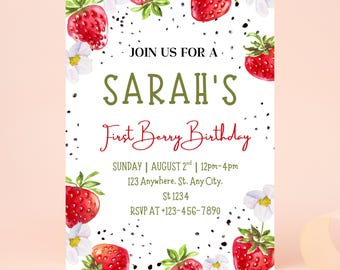 Berry First Birthday Invitation, Editable 1st Birthday Girl Invite, Printable Strawberry First Birthday Girl Invitation Template