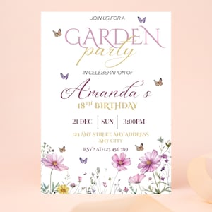 Wildflower Birthday Invitation Garden Party Invite Girl 16th 18th 21st Birthday Floral Spring Flowers Butterfly Editable Canva Template