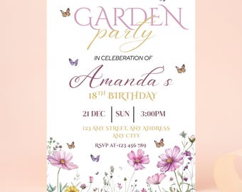 Wildflower Birthday Invitation Garden Party Invite Girl 16th 18th 21st Birthday Floral Spring Flowers Butterfly Editable Canva Template