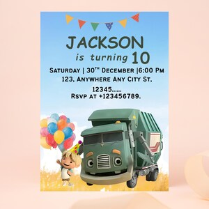 May include: Birthday invitation featuring a cartoon garbage truck and a child holding balloons. The invitation reads "JACKSON is turning 10" with event details: date, time, address, and RSVP information. The background is a blue sky with a banner.