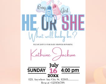 Boho Gender Reveal Invitation, Editable Gender Reveal Invite Template, Vintage Baby Clothes Gender Reveal Instant Download, Neutral Baby