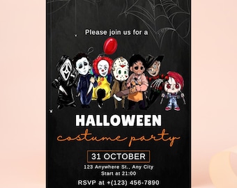 May include: Halloween costume party invitation with cartoon characters, including a ghost, Michael Myers, Pennywise, Jason Voorhees, and Chucky. The invitation is black with orange text and a spiderweb design. The date is October 31st.