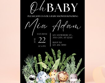 May include: Black baby shower invitation with white script text reading "Oh BABY" and "Mia Adam". The invitation includes the date, time, and location details. A jungle-themed illustration with cartoon animals decorates the bottom.