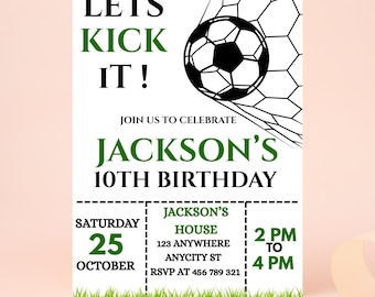 Plantilla editable de invitación de cumpleaños de fútbol, invitación de fútbol, invitación de fútbol infantil, descarga instantánea, Canva. Invitación de fútbol "Let's Kick it"