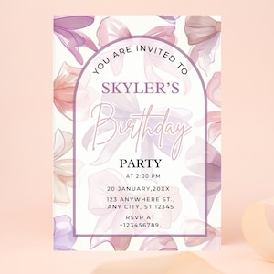 Customizable Birthday Invitation Template, Editable Canva Template, Pink Bow Birthday Invite, Girly Party Invite, Cute Digital Invitation