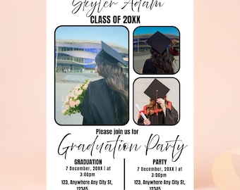 Convite para festa de formatura, convite para a turma de 2025, anúncio de formatura azul, download digital autoeditável, cartão de formatura para impressão