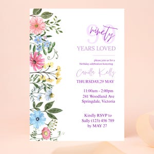 Floral 90 Years Loved Birthday Invitation Template, Wildflower 90th Birthday Invitation Women, Elegant 90th Invite, Ninety