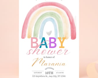 Editable Rainbow Baby Shower Invitation, Rainbow Baby Invitation, Gender Neutral Baby Shower Invitation, 5x7" Template