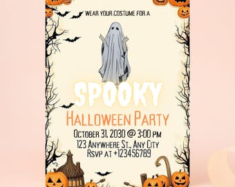 May include: Halloween party invitation with a ghost illustration. The invitation includes the text "Wear your costume for a Spooky Halloween Party October 31, 2030 @ 3:00 PM". The design features pumpkins, bats, and a haunted house.