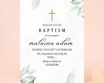 Editable Baptism Invitation, Greenery and Gold Baptism or Christening Invitation, Digital/Printable Eucalyptus Green Baptism Invite