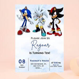 May include: A birthday invitation featuring three cartoon characters in blue, silver, and black. The invitation includes the text "Please Join Us Ragnar Is Turning Ten!" and event details, including the date, time, and location.