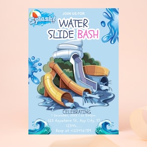 Water Slide Birthday Party Invitation, Splish Splash, ANY AGE, Printable Editable Template, Rainbow Waterslide Birthday Invitation Canva