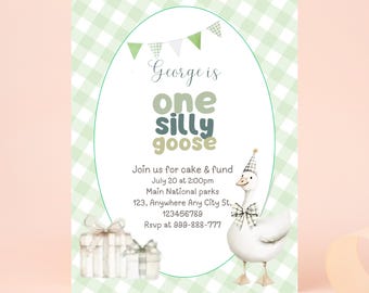 One Silly Goose Birthday Invite, 1st Birthday Editable One Silly Goose Invitation, Green One Silly Goose Birthday Invitation