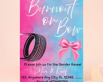 Burnout oder Bögen Gender Reveal Einladung Digitale Vorlage Er oder Sie Sport Gender Reveal Laden Blaue oder Pinke Fahrräder oder Bow Gender Reveal Party ein