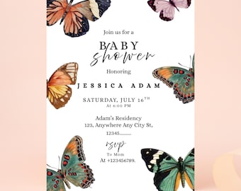 Butterfly Baby Shower Invitation, Pink Butterfly Baby Shower Invitation Template, Girl Baby Shower Invite Pink Butterflies & Flowers