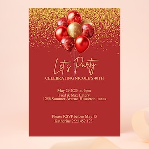 Editable Red and Gold Birthday Invitation, Let&#39;s Party Red Balloons Invite, Printable or Text